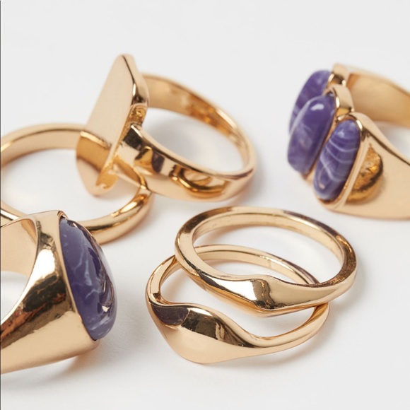 H&M GOLD & PURPLE stone  SET OF 6, FASHION RINGS NEW M/L - Picture 2 of 4